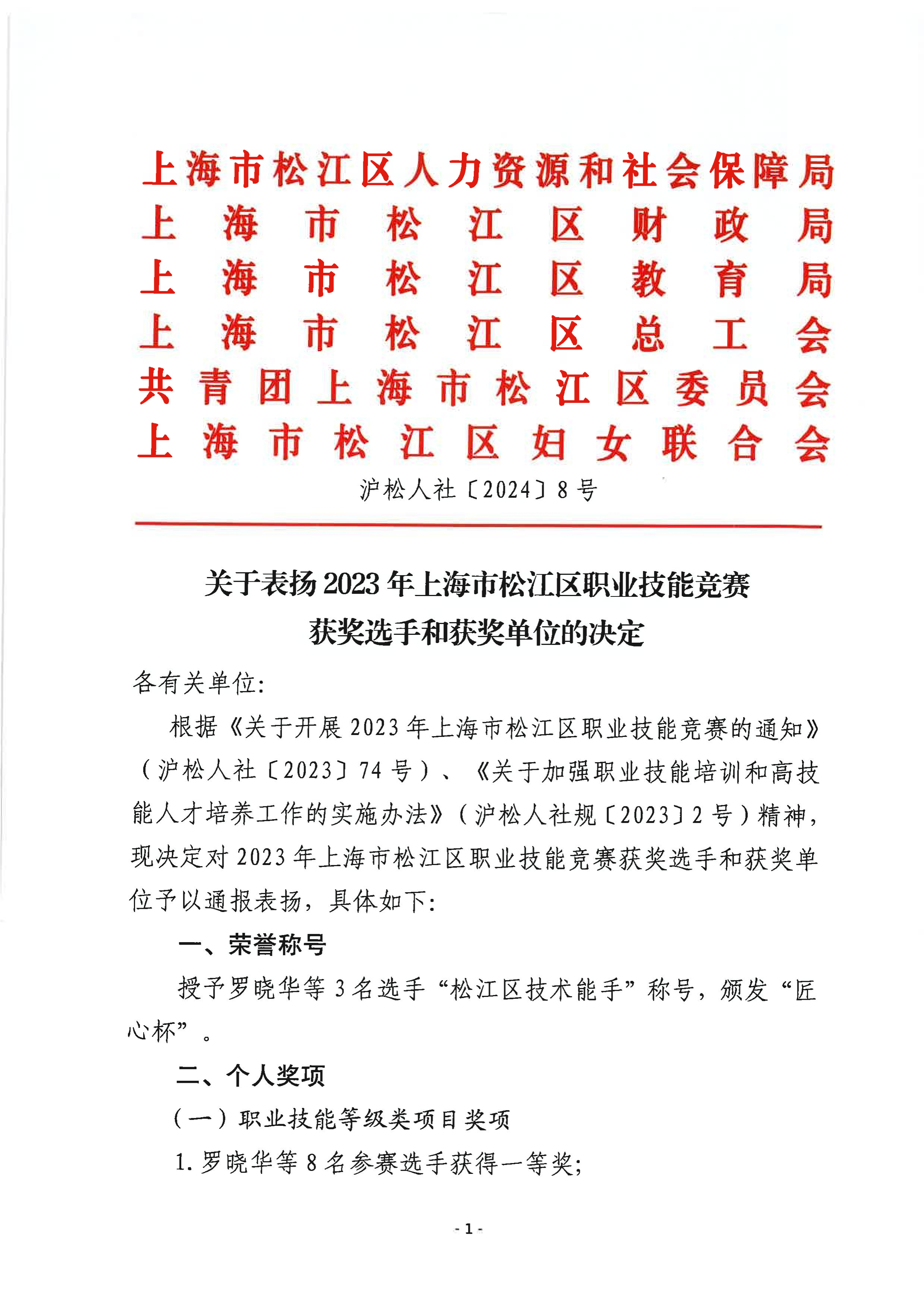 沪松人社〔2024〕8号-关于表扬2023年上海市松江区职业技能竞赛获奖选手和获奖单位的决定.pdf