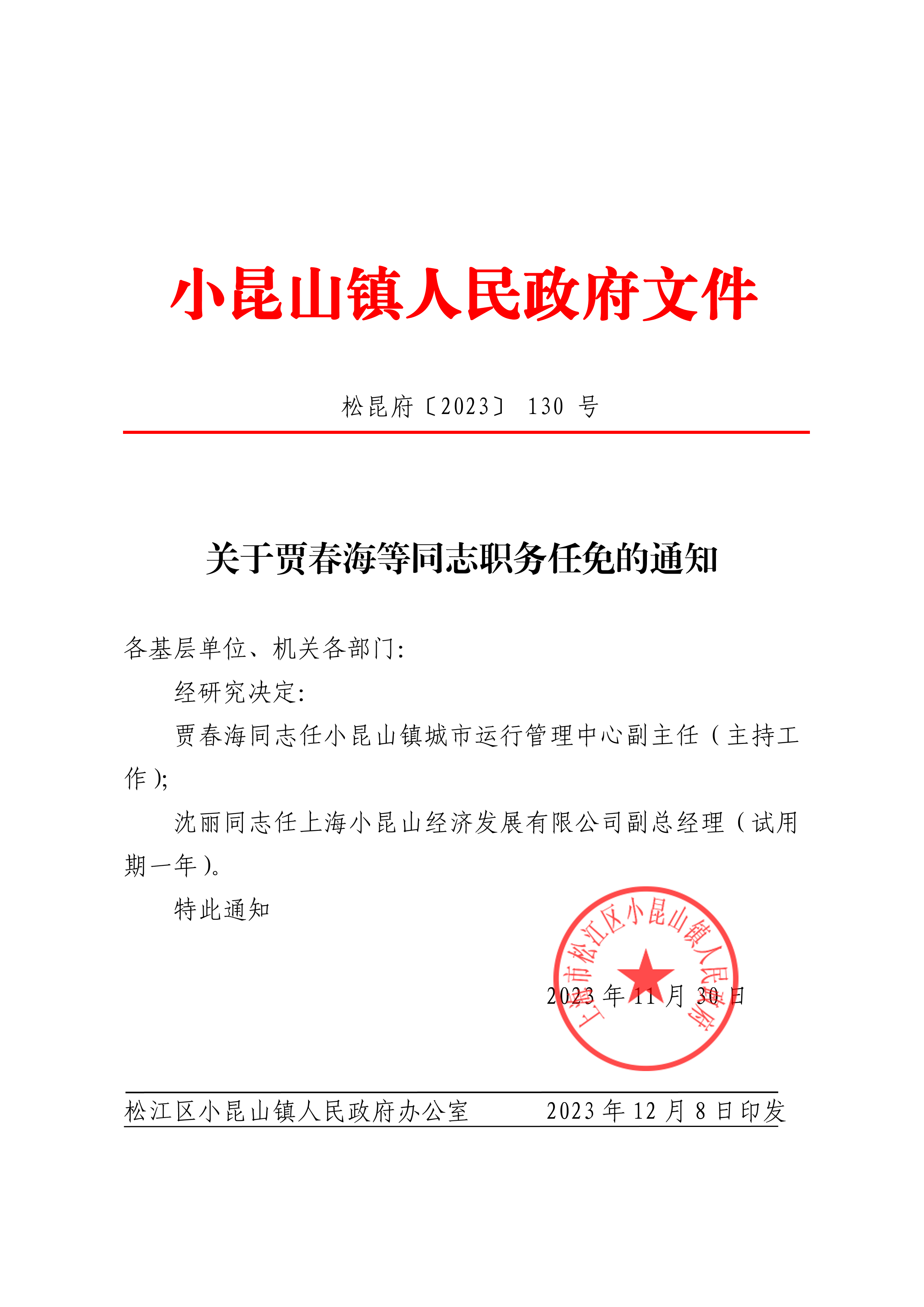 松昆府(130)关于贾春海等同志职务任免的通知
