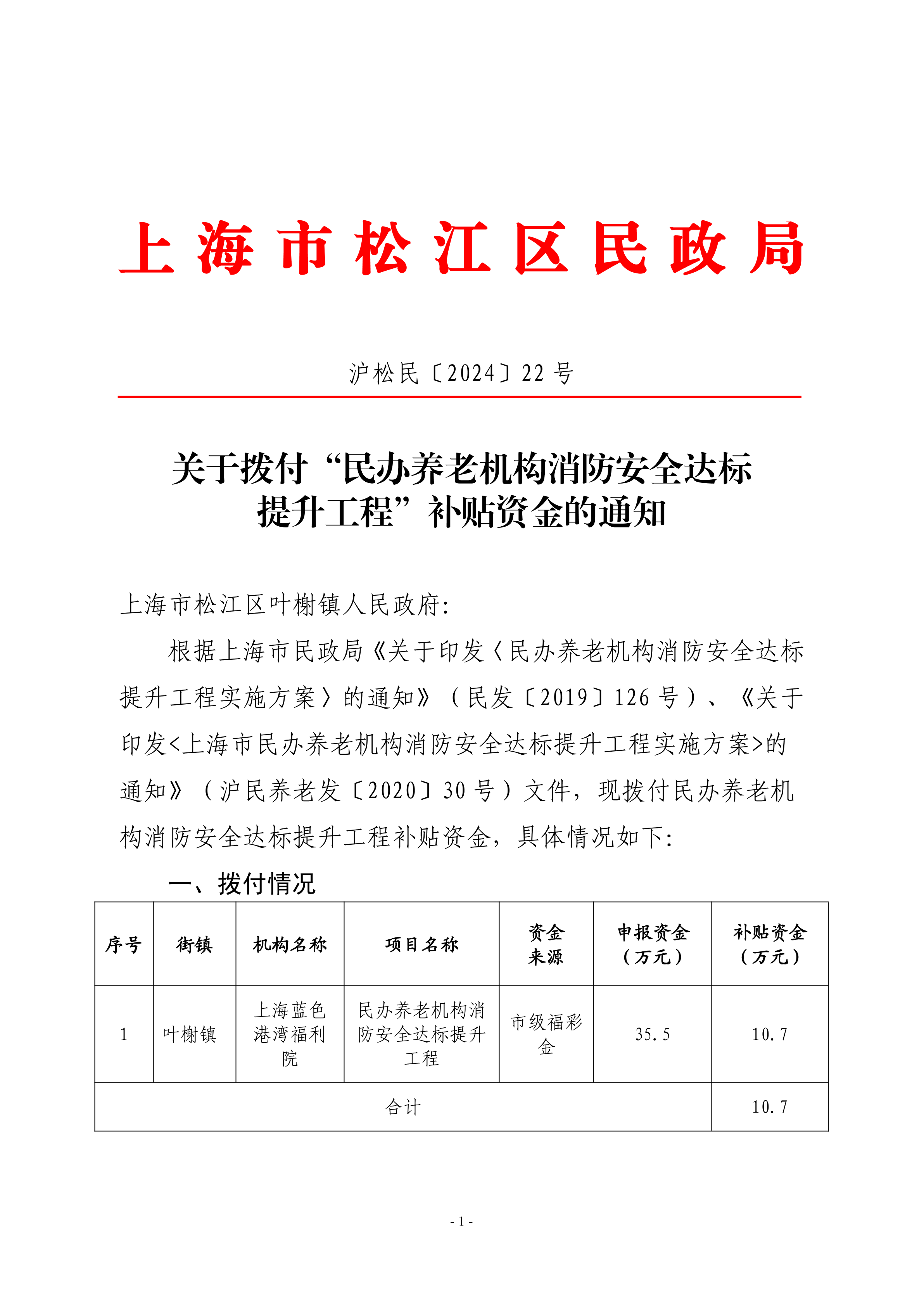 沪松民〔2024〕22号关于拨付“民办养老机构消防安全达标提升工程”补贴资金的通知.pdf